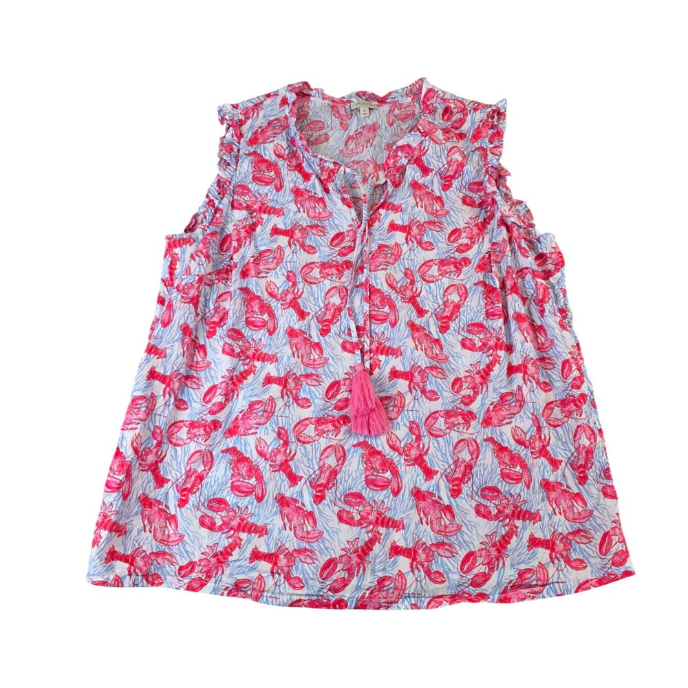 Talbots 1X Lobster Print Cotton Sleeveless Tassel Tie Ruffle Top 100% Cotton